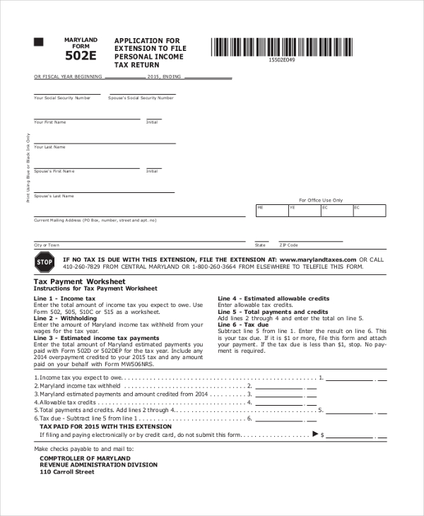 sample federal tax extension form