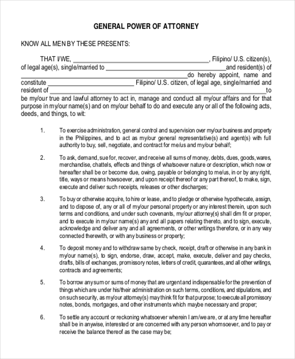 Free Sample General Power Of Attorney Forms In Pdf Ms Word