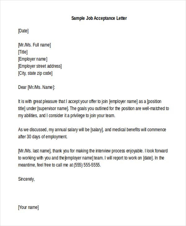 Simple Job Offer Acceptance Letter Sample Pdf