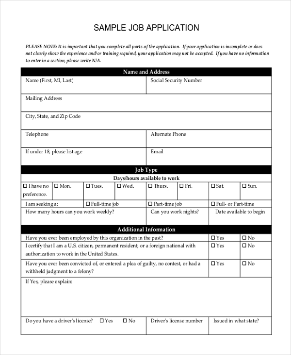 printable generic application for employment