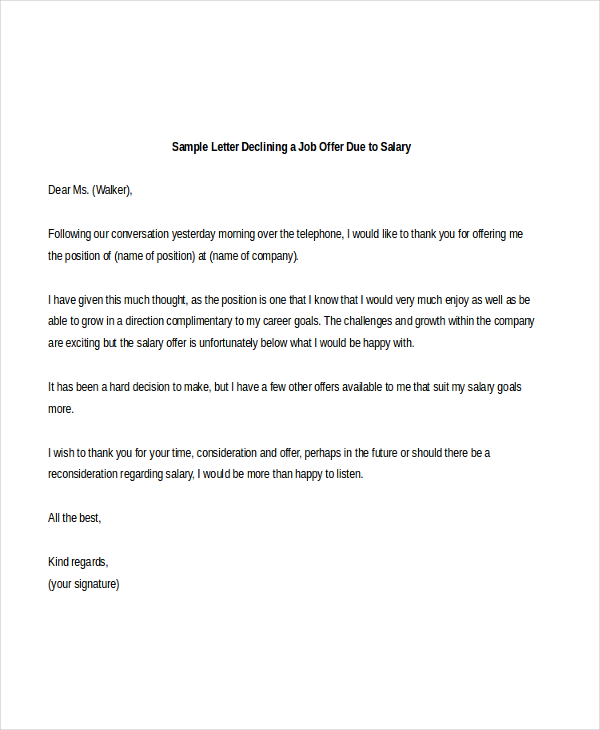 Sample job rejection letter due to salary