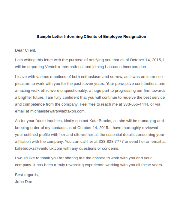 sample letter informing clients of employee resignation