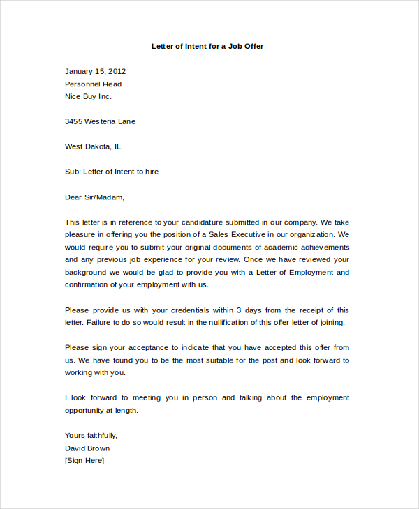 Employment Letter Of Intent Template from images.sampleforms.com