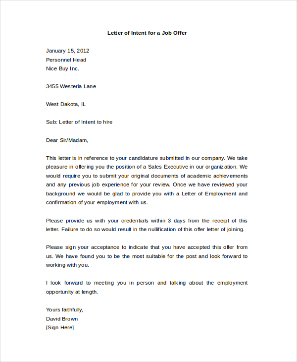 Sample Letter Of Intent For Employment Collection Letter Template 