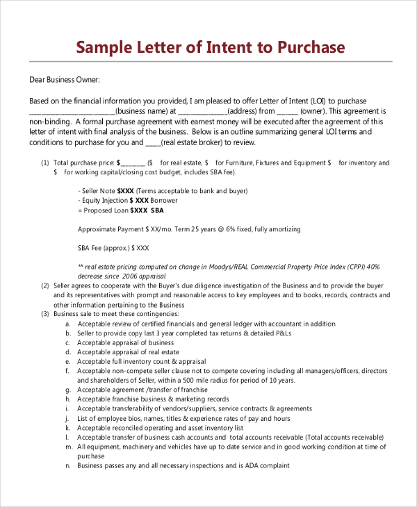 sample letter of intent to purchase