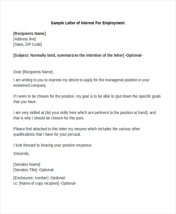 sample letter of interest for employment