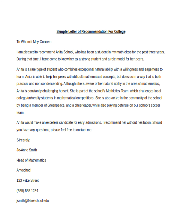 sample letter of recommendation for college