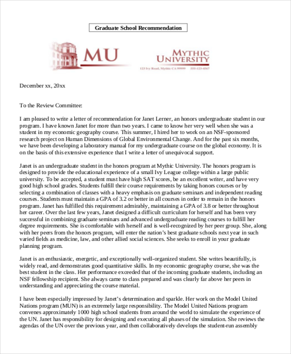 recommendation letter for graduate students samples