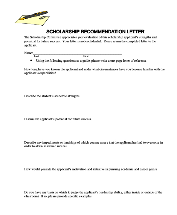 sample letter of recommendation for scholarship