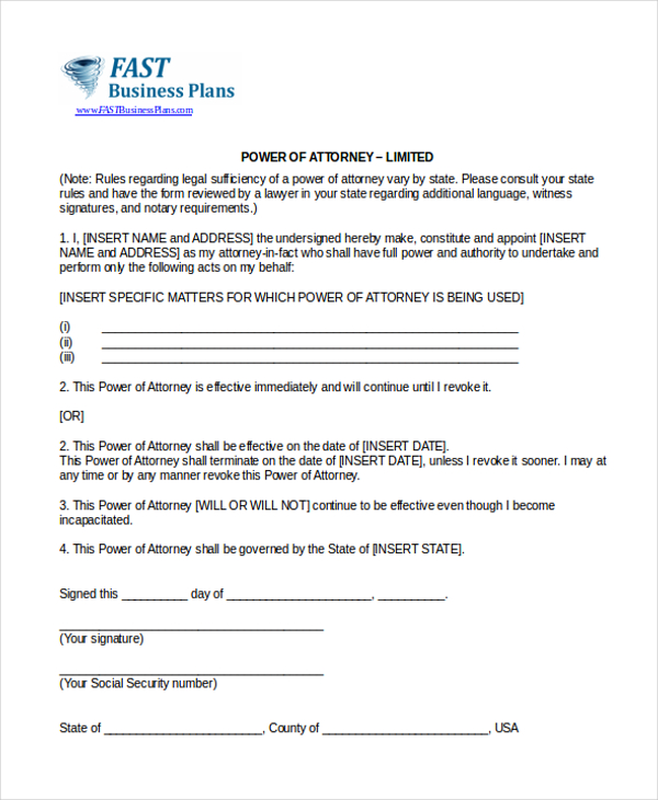 sample limited power of attorney form