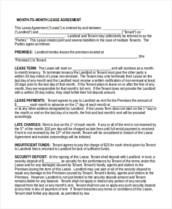 FREE 8+ Sample Month-to-Month Lease Agreement Forms in PDF | MS Word