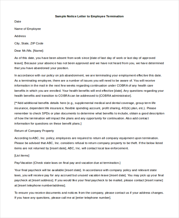 Legal Notice To Absconding Employee Format FREE 10+ Employee Termination Letter Samples, PDF, MS Word, Google Docs