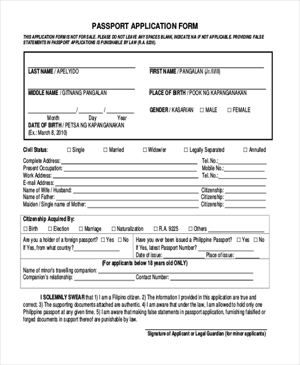 sample passport application form