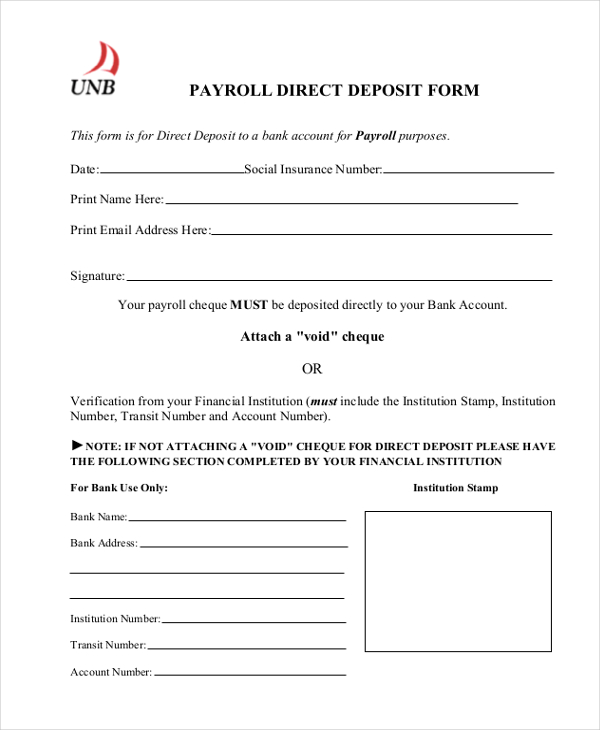 sample payroll direct deposit form