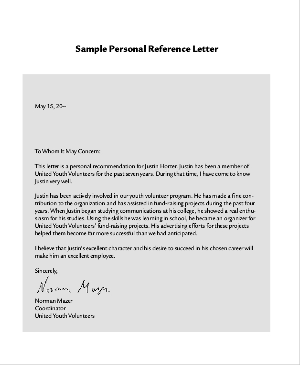 sample personal reference letter