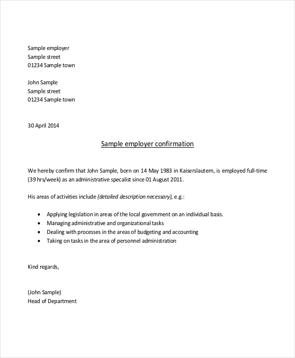 sample proof of employment letter