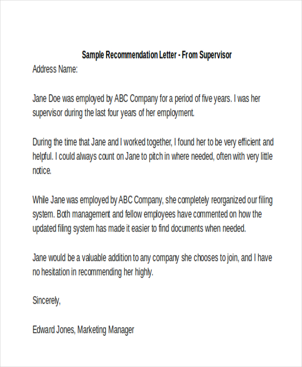 sample recommendation letter from supervisor