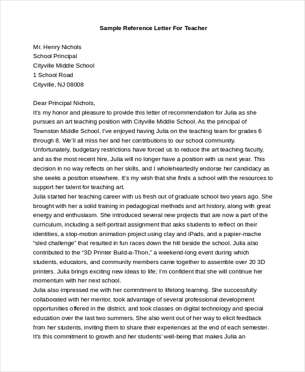 sample reference letter for teacher