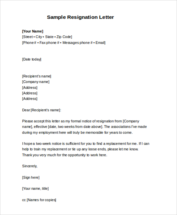 FREE 8+ Sample Resignation Letters in PDF | MS Word