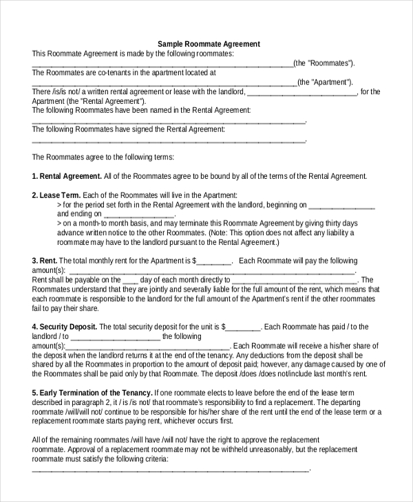 sample roommate agreement form