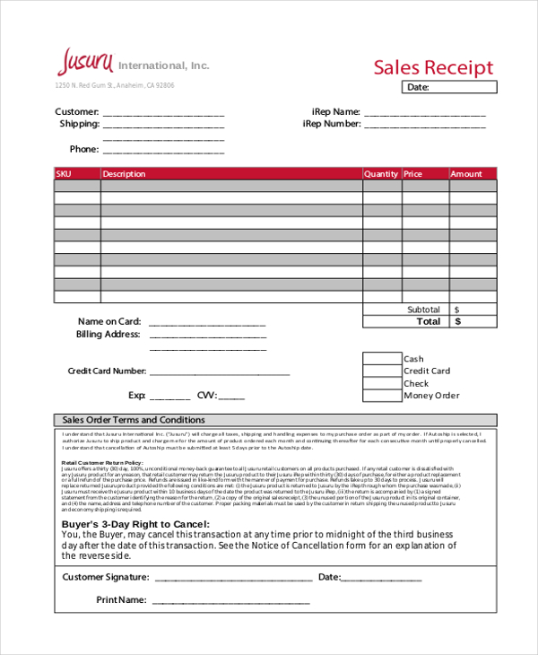 sample sales receipt form