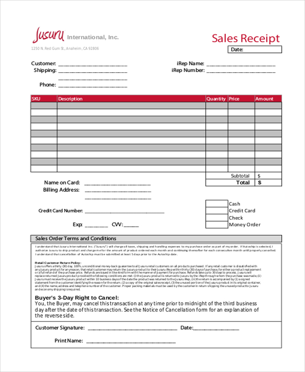 samples of sales receipts