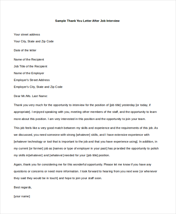 Sample Thank You Letter After Interview 8 Free Documents In Pdf Doc