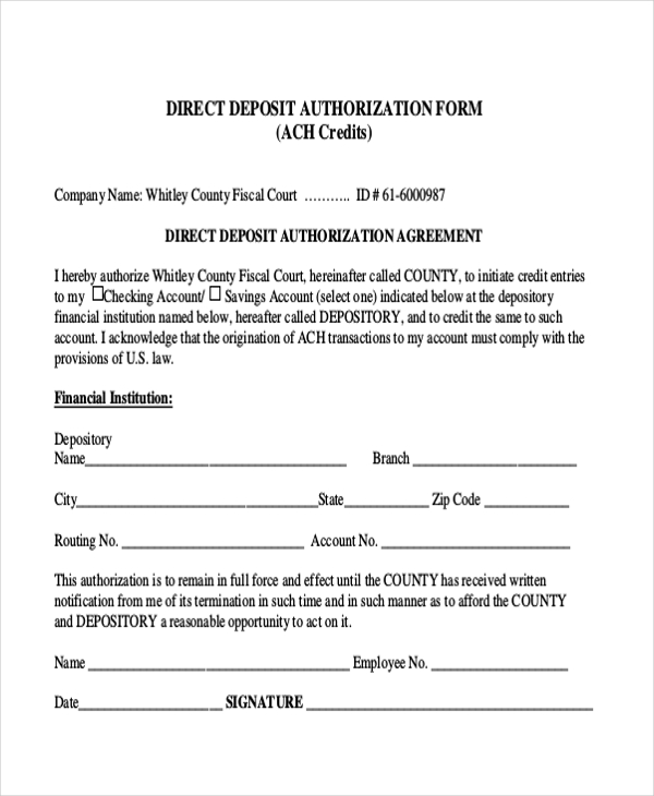 sample ach direct deposit authorization form