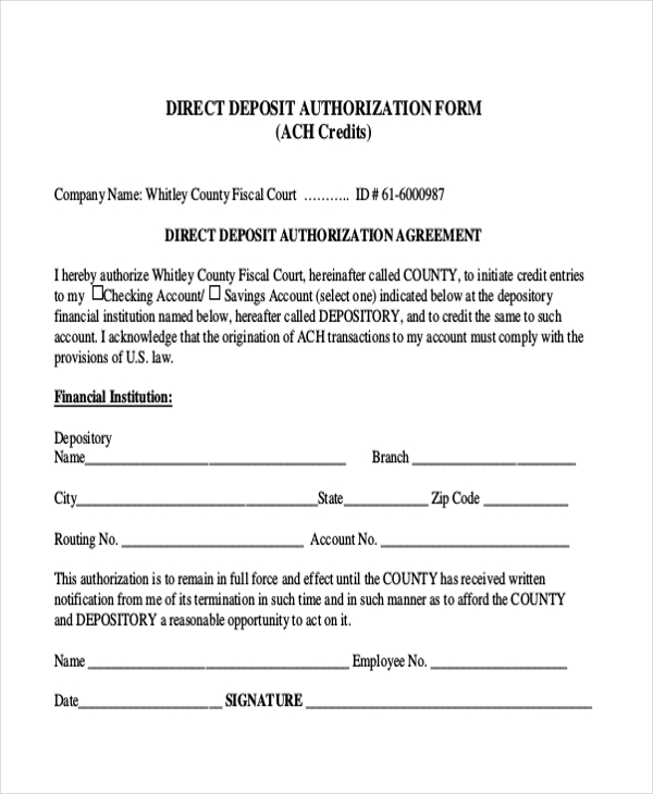 direct deposit authorization form