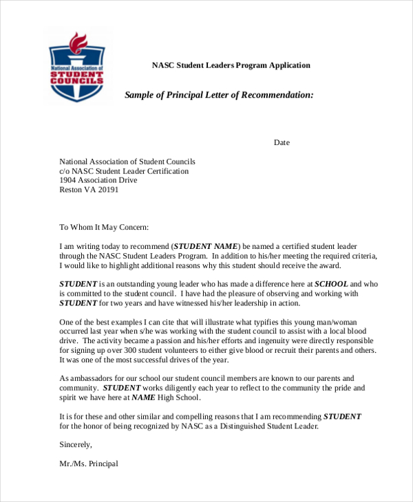 sample of principal letter of recommendation