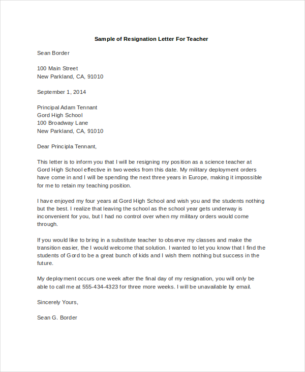 sample of resignation letter for teacher