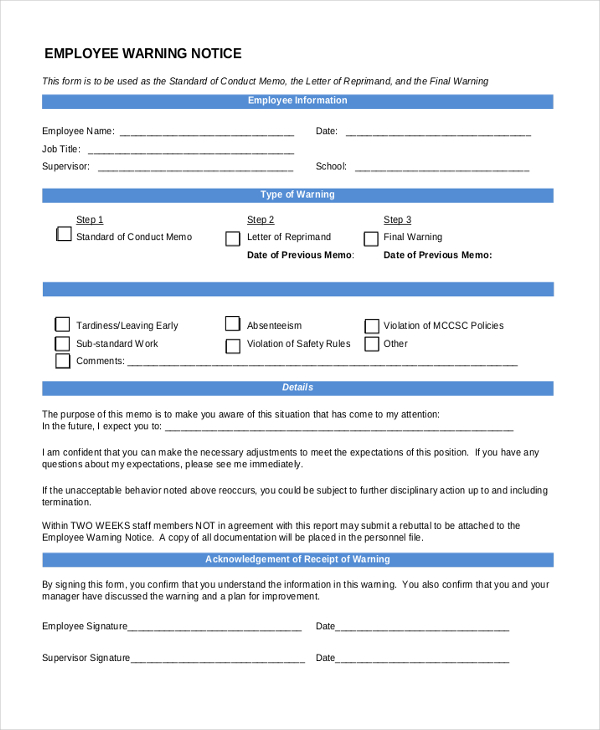 school employee warning notice form