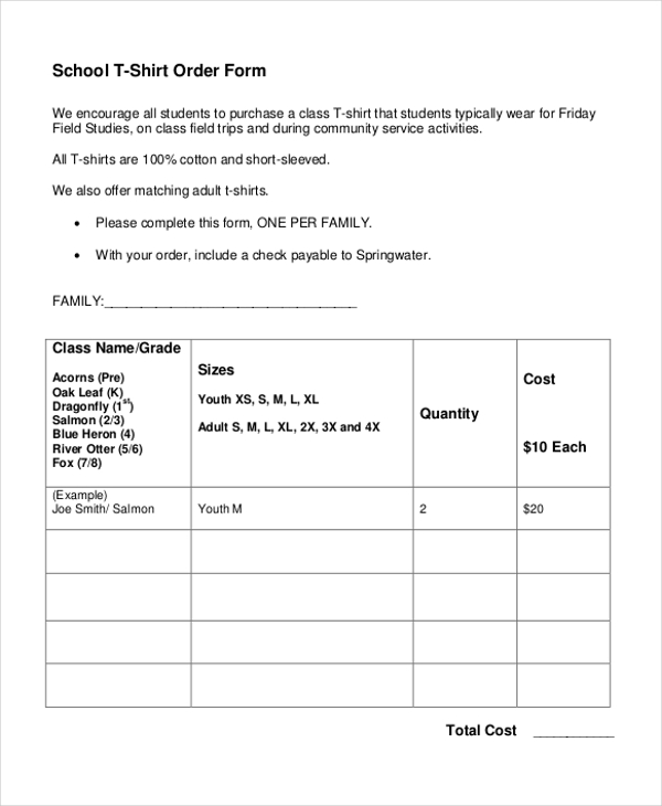 school t shirt order form