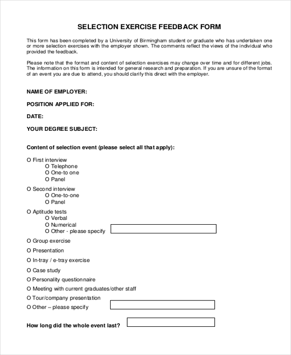 selection exercise feedback form example