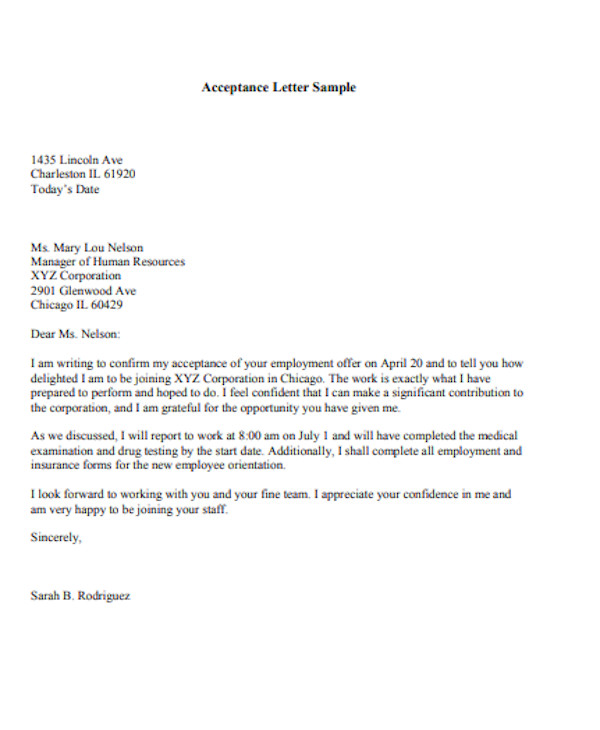 Job Offer Acknowledgement Letter