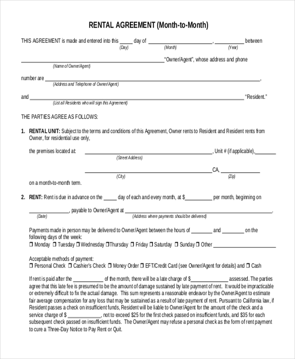 Printable Basic Rental Agreement Fillable