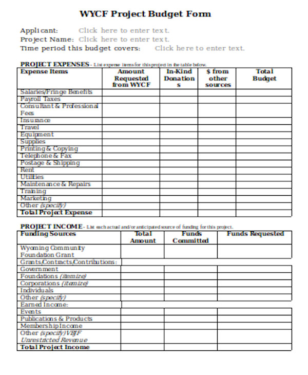 simple project budget form