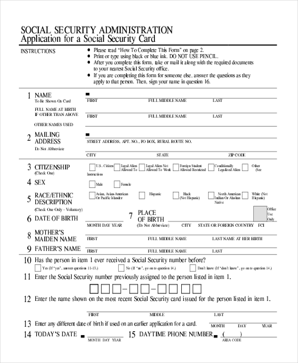 Social Security Card Application Form Image