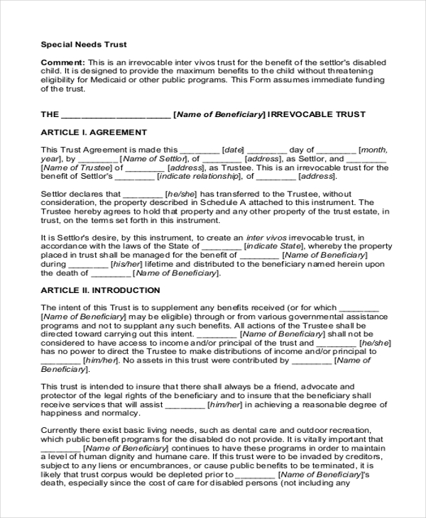 special needs trust form