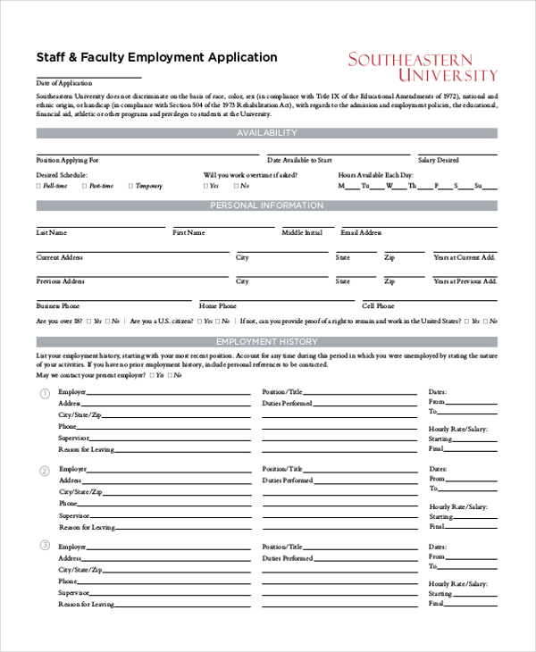 staff faculty employment application