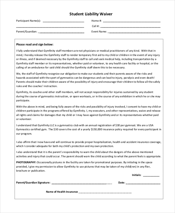 student liability waiver
