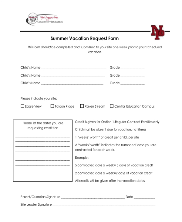 Free 12 Sample Vacation Request Forms In Pdf Ms Word Excel 9482