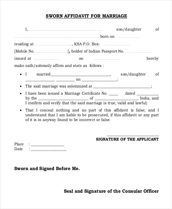 sworn affidavit form for marriage