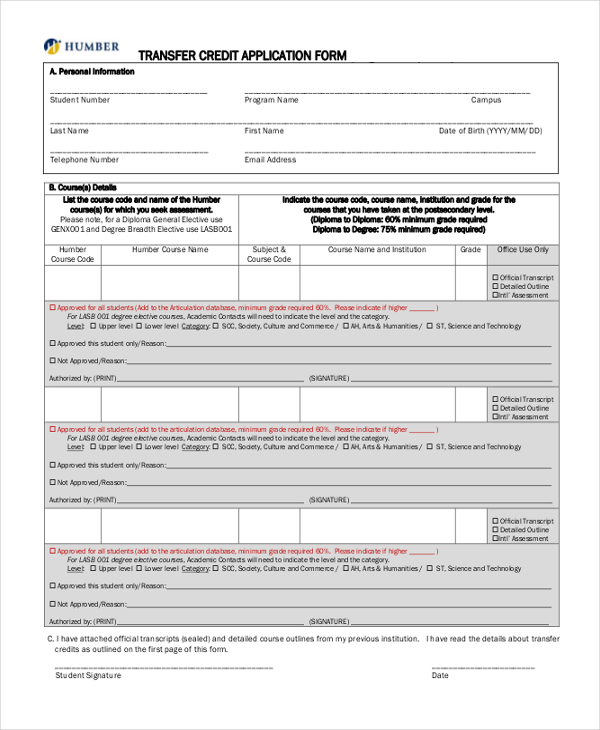 transfer credit application form