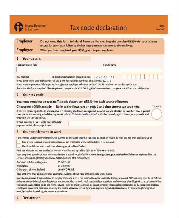 tax code declaration form