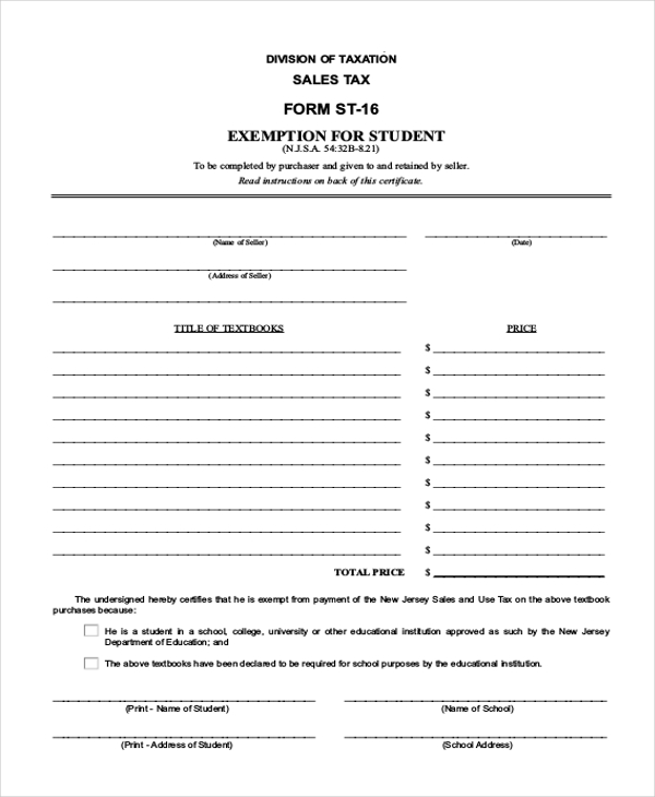 tax exemption form for students