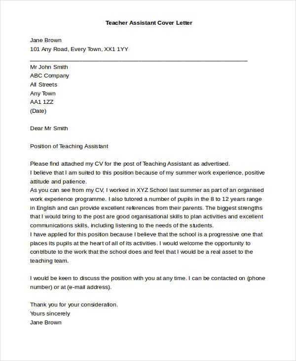 cover letter template teacher assistant