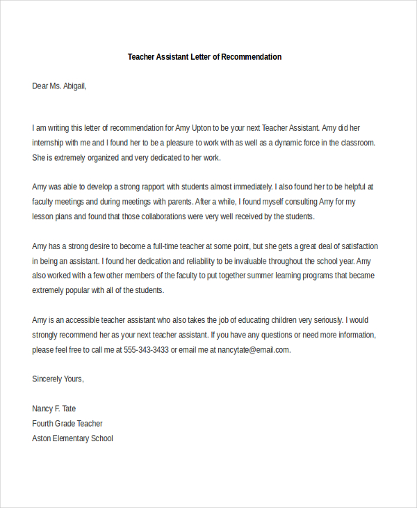 teacher assistant letter of recommendation