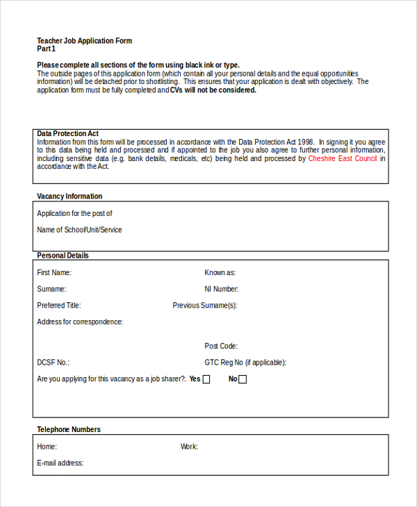 teacher job application form