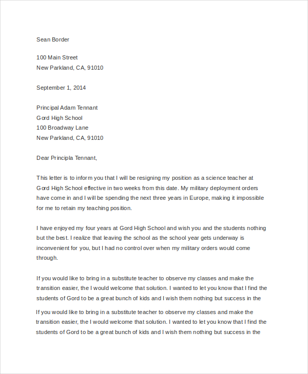 Teacher Resignation Letter To Principal from images.sampleforms.com